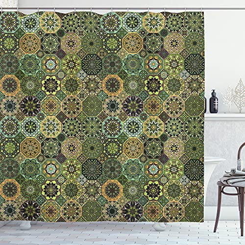 ABAKUHAUS Mandala Duschvorhang, Oriental Floral Octagon, Stoffliches Gewebe Badezimmerdekorationsset mit Haken, 175 x 240 cm, Grün Orange