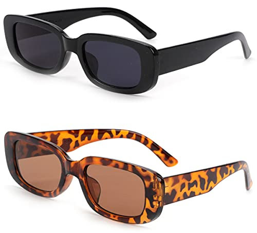 2 Pack Retro Fashion Rectangle Sunglasses Small Square Frames Sun Glasses 90s Vintage Wide Frame Eyewear for Women and Men UV 400 Protection (Black Frame Grey Lens and leopard Frame Brown Lens)