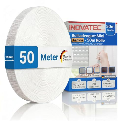 INOVATEC Rollladengurt Mini 14mm | 50m Rolle für Fenster & Türen – Weiß | Reißfest & UV-beständig mit Perlon-Kantenschutz | Für Mini Gurtwickler | Griffige Querrippen | Für Reparatur & Neubau
