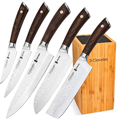3 Claveles Juego de 5 Cuchillos Profesionales con Hoja Martilleada y Taco de Madera (5X Sakura Plus)