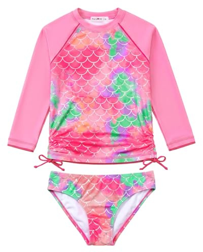 weVSwe Badeanzug Mädchen Langarm Kleinkind Zweiteiler UV Schutz Rash Guard UPF 50+ Bademode Schleifenknoten Rosa Fischschuppen 3-4 Jahre