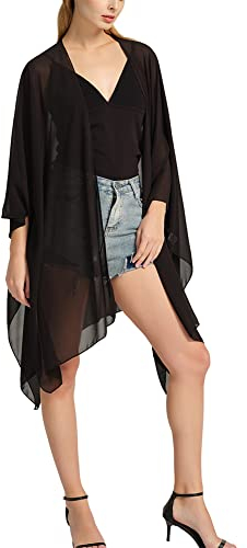 Women's Floral Print Chiffon Kimono Cardigan Loose Cover Up Casual Long Boho Sheer Cardigans Plain Black