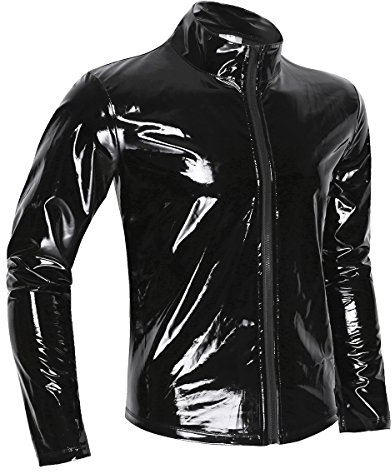TiaoBug Herren Langarmshirt schwarz Wetlook Kunstleder Jacke Hemd T-Shirt Slim Fit Männer Glanz Tops mit Stehkragen und Reißverschluss Party Clubwear M-XXL Schwarz 1 3XL