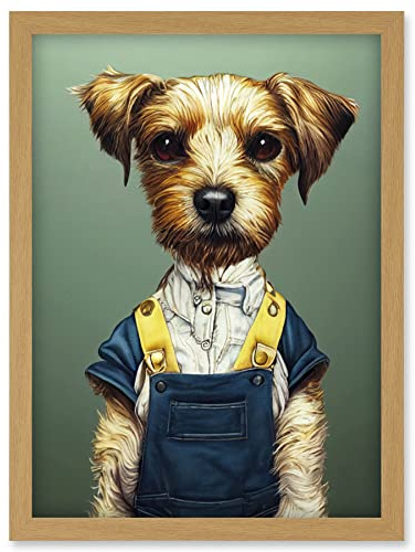 Doppelganger33 LTD Dog In Dungarees Detailed Portrait Photorealistic Artwork Framed Wall Art Print A4