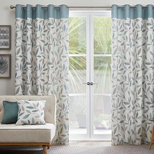 Fusion Duck Egg Blue Leaf Eyelet Curtains 66 x 72 Inches (168 x 183 cm) – 100% Cotton – 2 Panels – Floral Print Drapes for Bedroom and Living Room – Beechwood Collection – Lined Curtain Set