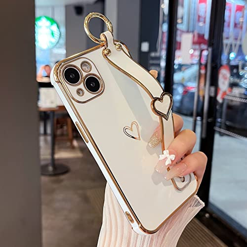 ZTOFERA Compatible with iPhone 14 Case with Wrist Strap, Soft Silicone Protective Phone Case with Cute Heart Pattern Hand Strap Kickstand Holder Golden Rim Shockproof Bumper Cover, White