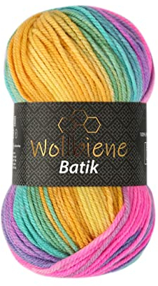 Wollbiene Batik Wolle mit Farbverlauf mehrfarbig 100g Multicolor Strickwolle Häkelwolle (2080 gelb grau pink)
