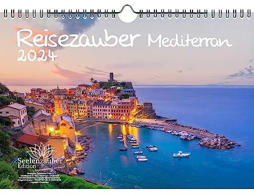Reisezauber Mediterran DIN A4 Kalender für 2024 Mittelmeer Stadt Land - Geschenkset Inhalt: 1x Kalender, 1x Weihnachts- und 1x Grußkarte (insgesamt 3 Teile)