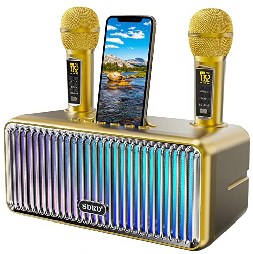 Macchina Karaoke per adulti e bambini,altoparlante portatile Bluetooth con 2 microfoni senza fili UHF Karaoke Speaker pa sistema con luci LED colorate graduali per feste in casa,chiesa-Oro