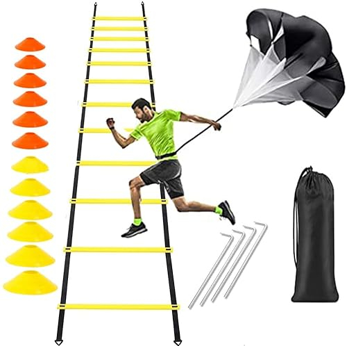 Koordinationsleiter, Speed Agility Leiter Trainingsset, Fußball Trainingsausrüstung umfasst eine 12 Sprossen 20ft Agility Leiter, 12 Scheibenkegel, 4 Stahlpfähle, Widerstandsfallschirm und Tragetasche