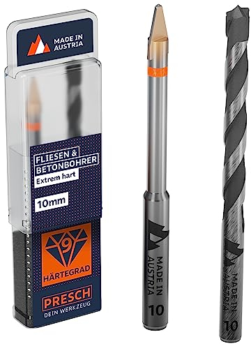 Presch Fliesenbohrer und Betonbohrer Set ⌀ 10mm | Feinsteinzeug Bohrer für Keramik, harte Fliesen, Porzellan und Glas | Profi Porzellanbohrer, Keramikbohrer inkl. passendem Betonbohrer und Box