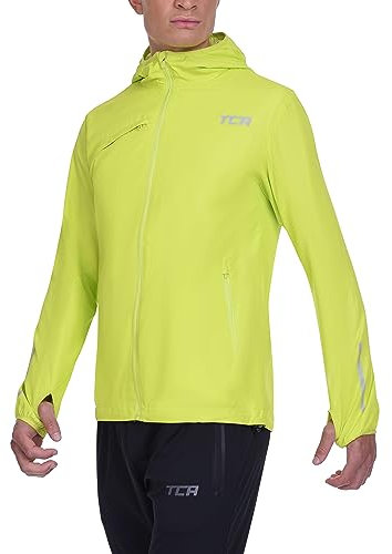 TCA Men's Running Softshell Jacket - Rain Jacket with Hood Waterproof Packable Travel Windbreaker with Zip Pockets - Lime Punch, M