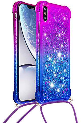 COTDINFOR Hülle für iPhone XS Max Fließende Flüssigkeit schwimmt Glitzer Cover mit Kordel Quicksand Floating Stoßfest TPU Bumper Gradientenfarbe Handyhüllen für iPhone XS Max Purple-Blue YBJB.