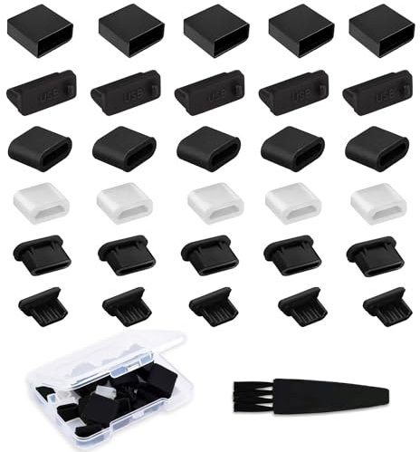 USB Cover Port Plug Caps - 30PCS 6 Types Silicone Anti Dust Cover USB Port Protection Stopper for USB Type-C, Micro USB, USB A Female and Male Ports with Cleaning Brush Kit