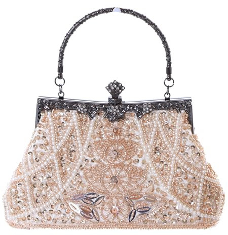 Kawaii-Story LB-8009-1 Beige Perlen Pailletten orientalisch Stoff Abendtasche Party Clutch Beutel Damen Tasche 16x22x7cm