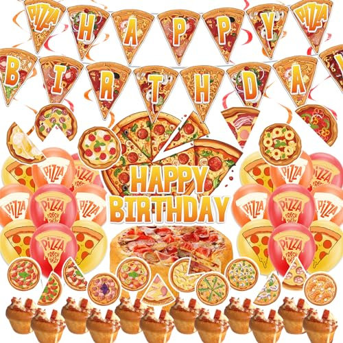 POMNUG Pizza Party Decorazioni Include Happy Birthday Banner Hanging Swirls Cake Topper Cupcake Toppers Palloncini per Pizza Birthday Party Forniture, POMNUG-AB08