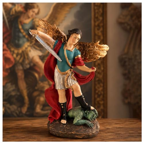 DurableDelights San Miguel Erzengel Statue - Saint Michael Statue Miguel Archange besiegt Luzifer Trampeln Dämonenfigur, religiöse Sammlerstück, Engelskulptur, 13,5 cm H