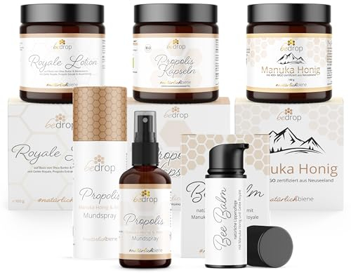 bedrop | Winter Care Set | Bee Balm, Propolis Kapseln, Royale Lotion, Manuka Honig 140g & Manuka Anis Spray für das Wohlbefinden