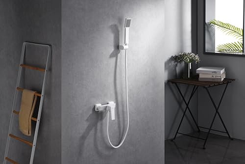 MICE - Grifería monomando para ducha con mango y flexo hecha de latón- Mezclador Monomando para baño con Ducha de Mano Blanco Mate BDAR025-5BL