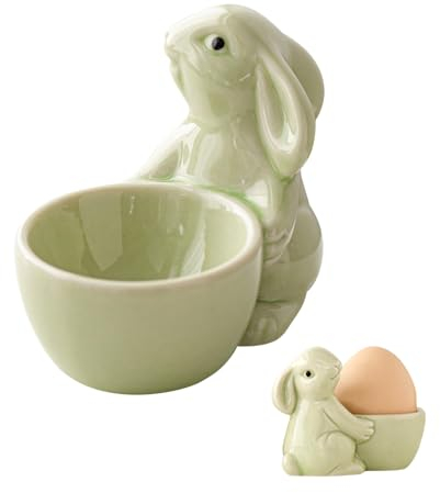 ACAREY Ostern Deko Keramik Kaninchen Eierbecher, Osterdeko Eierbecher Osterhase Deko Becher Osterhasen-Eierständer, Halter Für Hartgekochte Eier, Oster Hase Figure Für Tisch Deko, Geschenk (Grün)