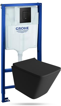 LAVITA Vorwandelement Solido + Wand Hänge WC Lago Schwarz Spülrandlos + + WC Sitz mit Absenkautomatik Schwarzer Knopf Komplettset Unterputz Spülkasten Toilette Komplett Sett WC