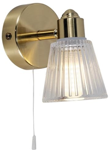 Satin Brass & Clear Ribbed Glass Bathroom Vintage 1 Lamp Switched Wall Light | 12.5cm Wide | IP44 Rating | 1 x G9 Lamp Bulb Required | 240V UK | Pull Cord Switch | Mirror Lighting