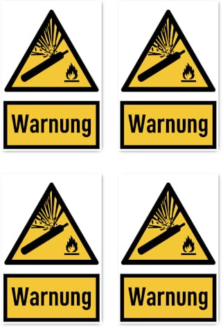 Aufkleber: 150x100 mm, 4 Stück - Signalwort Warnung vor Gasflaschen - Warnzeichen mit Text (deutsch) (gelb/schwarz) - hochkant - W029 - DIN EN ISO 7010 / ASR A1.3