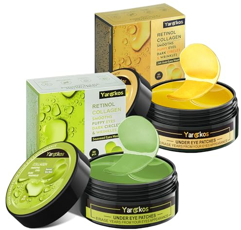 2 Stück Kollagen Hydrogel Anti Aging Augenmaske, 60 Pcs feuchtigkeitsspendende Augenpad-Maske, Gegen Augenringe, Falten, dunkle Ringe und Tränensäcke, 30 Paar Hyaluronsäure Augenpads, 24K Gold + Grün