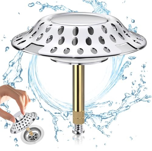 YushengTai Bouchon de baignoire 2 en 1 avec filtre à cheveux, bouchon de vidange en laiton, anti-obstruction, design de qualité supérieure, argenté