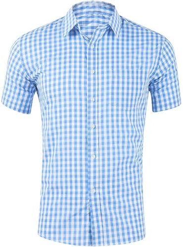 YAOHUOLE Bavaroise à Carreaux pour Homme Traditionnelle pour Oktoberfest Chemise Homme Manches Courtes Bleu Clair 3XL