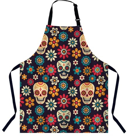 ATOurDealss Delantal de cocina mexicano con diseño floral de calavera de azúcar para mujeres y hombres, delantal ajustable para cocinar, hornear, jardinería, ver fotos, Talla única