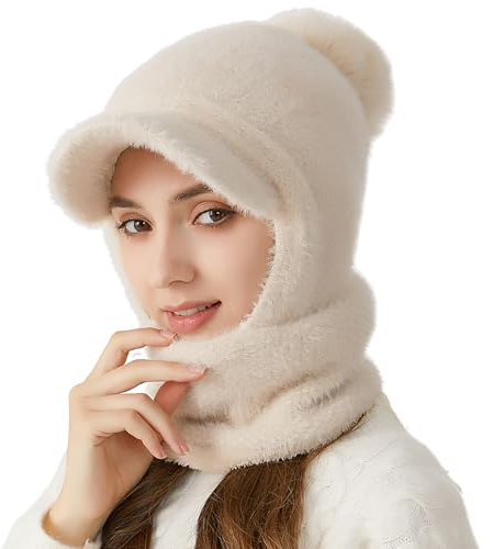 Rayson Wintermütze Damen Warme 3 in 1 Strickmütze Schal Set Dehnen Beanie mit Bommel für Outdoor-Sportarten(Beige,Einheitsgröße)