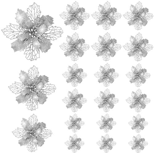 KASURE 21 Stück Christbaumschmuck Blumen, Hohle Kunstblumen Weihnachten Ornaments, Christmas Tree Decorations, Weihnachtsbaum Deko, Weihnachtsbaumschmuck mit 21 Clips(16 cm*7,11 cm*7,9 cm*7,Silber)