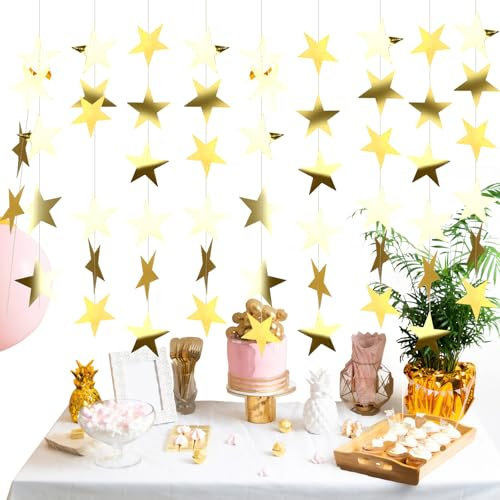 Gold Party Decorations, 4 Pcs 4 m Star Garland, Hanging Star Bunting, Gold Party Decor, Twinkle Star Streamer, Reflective Sparkling Paper Garland for Birthday Wedding Christmas, Home Decor