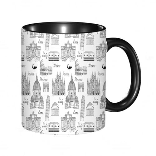 EKLMPS Becher aus Keramik, Ideal als Geschenk, Hochwertiger Aufdruck, Tasse mit Motiv, Tee Becher, Coffee Cup, 330ml,Stadt, Monochrome Skizze Stil berühmte Orte aus Italien Rom Mailand Europäer