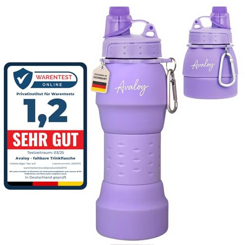 Avaloy faltbare Trinkflasche Silikon 600ml Wiederverwendbare leichte trinkflasche mit Karabinerhaken trinkflasche für kohlensäurehaltige Getränke Festival Flasche (Lila)