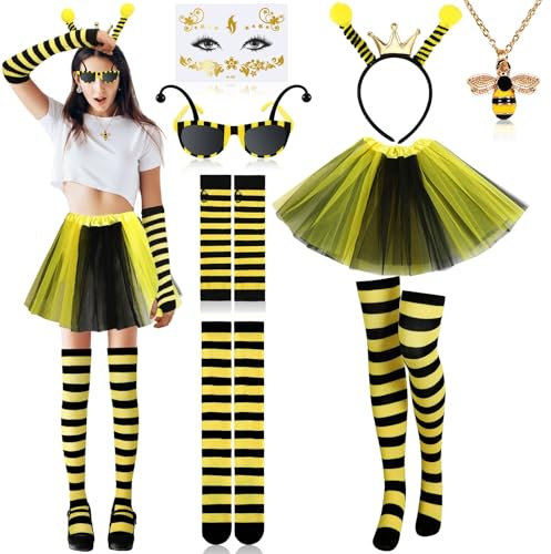 SEPGLITTER 7 Stück Bienenkostüm Erwachsene, Biene Maja Kostüm Erwachsene Stirnband Bienenbrille Accessoires Bienengesicht Tattoo Halskette Karneval Streifenhandschuh über Kniestrümpfe Biene