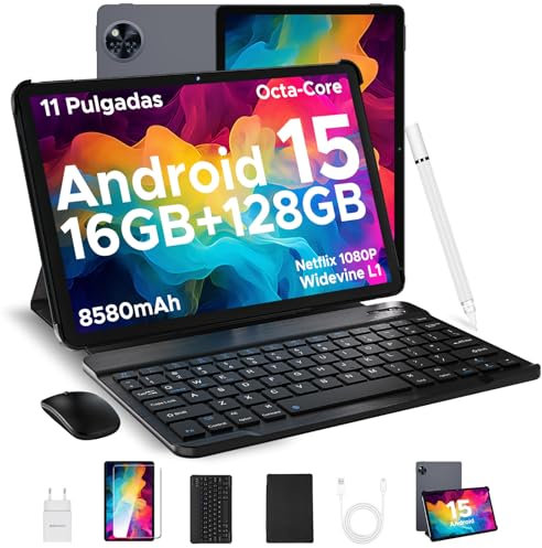 DOOGEE U11 Tablet 11 Pulgada, Andriod 15 Tablet con Teclado y Lapiz, 16GB RAM+128GB ROM/2TB 8580mAh, Tableta para niños Octa-Core, 7.9mm Cuerpo metálico, 13MP Camera, Widevine L1/Face ID/BT5.0/WiFi 5
