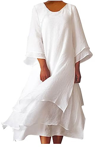 Women Maxi Dresses Summer Cotton Linen Dress 3/4 Sleeve Floaty Dresses Baggy Casual Loose Dress Plain Oversized Dresses Solid Holiday Party Beach Dress Elegant Shift Sundress White