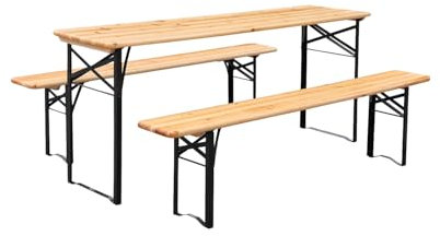 Wintem Bierzeltgarnitur mit Tisch und 2 klappbaren Bänken für den Außenbereich, aus Holz und Stahl, ideal für Partys, Garten, Picknick und Festivals, Maße 200 x 80 cm oder 220 x 70 cm, mit