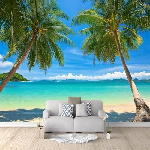 Wallpaper Landscape Tropical Beach 300 x 210 cm 3D Wall Mural Non-Woven Premium Art Print Fleece Wall Mural Wallpaper Decoration Poster Picture Design Modern for Living Room Kids Bedroom Green Blue