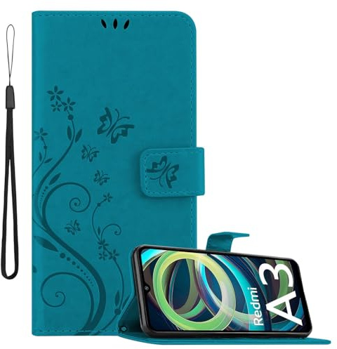 Cadorabo Hülle kompatibel mit Xiaomi RedMi A3 / A3X in FLORAL BLAU - Schutzhülle im Blumen Design mit Magnetverschluss, Standfunktion und Kartenfächern