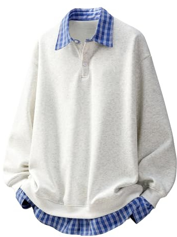 GMOYD Herren Fake Zwei Stücke Polo Sweatshirt Vintage Plaid Kragen Knopf Pullover Top