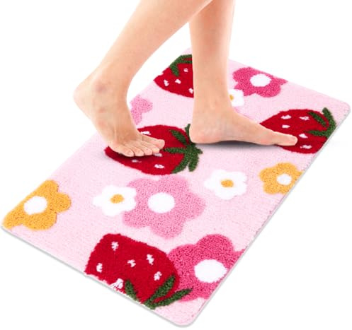 Vxcvzv Cute Bath Mats, Strawberry Flower Rug for Bathroom,Skin-Friendly Door Mat for Kids Bedroom Pink Absorbent Bathmat 45x65cm/17.7x25.6in