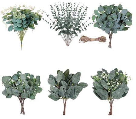Gralara 6 tipi di foglie di eucalipto miste, rami di eucalipto in per bouquet fai da te, centrotavola per feste in vaso