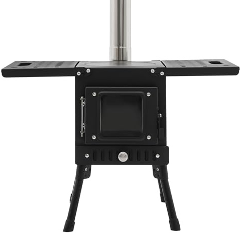 Poêle à bois portable pour camping, réchaud d'urgence, chauffage extérieur, réchaud à bois en acier inoxydable avec verre résistant à la chaleur, tuyaux de cheminée indépendants, coussinets