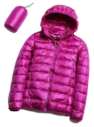 GOBIWM Piumino da donna con cappuccio, ultra leggero, corto, invernale, trapuntato, imbottito, con borsa per il trasporto, Fucsia, XXL