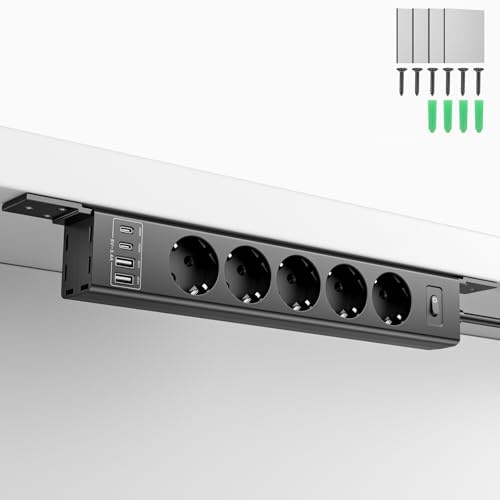 360° Montierbar Steckdosenleiste für Wand und Untertischmontage, 4000W, 5 Fach + 4 USB (2X USB-C PD20W+2X USB-A), Überlastungsschutz, unsichtbares Kabel, 2m für Schreibtisch, Küche, Büro & Werkstatt