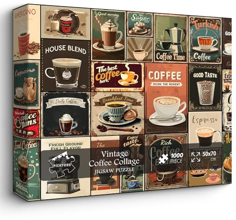 Vintage Coffee Collage Puzzles for Adults 1000 Pieces, PICKFORU Breakfast Food Jigsaw Puzzle Coffee Latte, Hard Difficult Retro Poster Theme for Home Wall Decor
