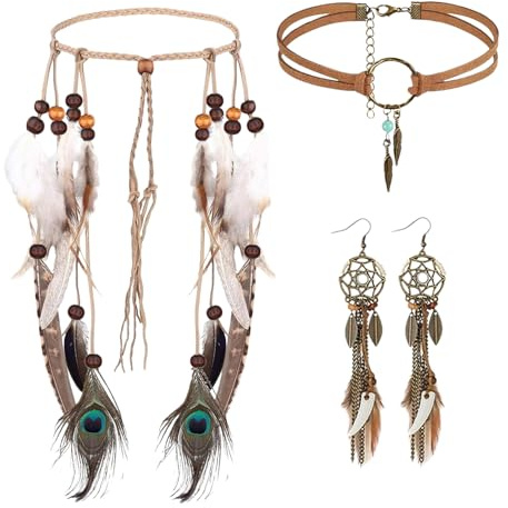 GWAWG Pack of 3 Indian Head Jewellery Set Women's Hippie Hair Band Indian Hippie Boho Feather Headband Boho Dream Catcher Earrings Leather Necklace for Women Carnival Festival